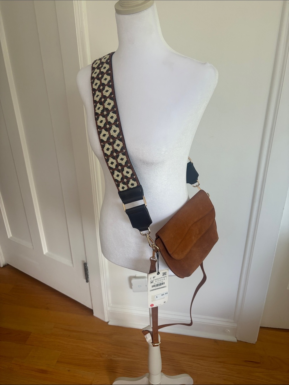 Brand New Zara Brown Leather Suede Crossbody Bag with Beaded Strap